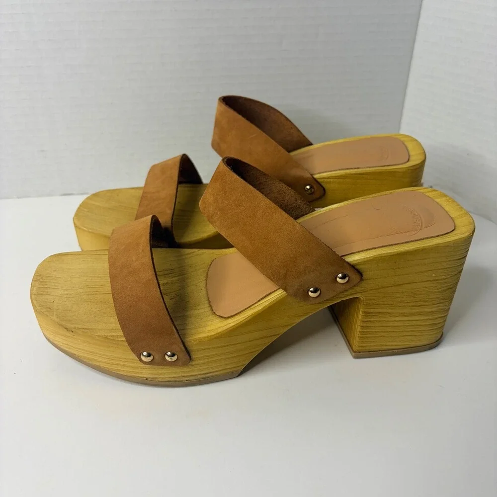 Brown Suede Wood Platform Heels Block Slide Sandals Womens 41 Chic Boho Cottage - Picture 5 of 7